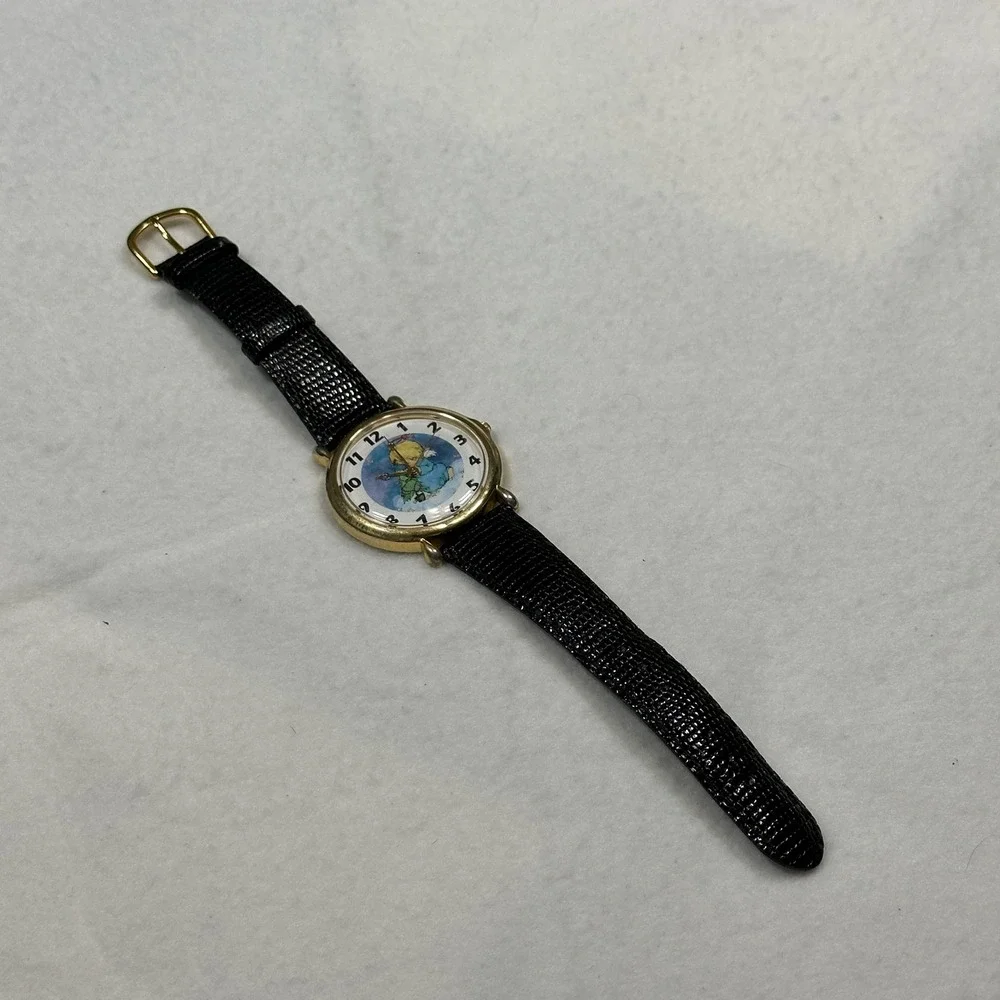 Vintage Milan Angel Watch Gold Tone Japan Black Lizard Leather needs battery
